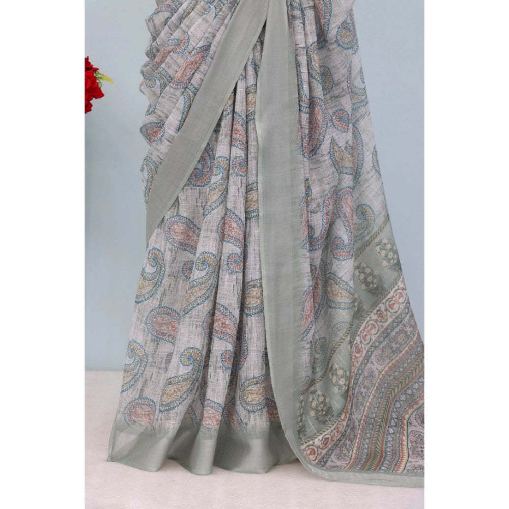 Women's Linen Digital Print Saree With Unstitched Blouse 5.5Mtr (Grey)