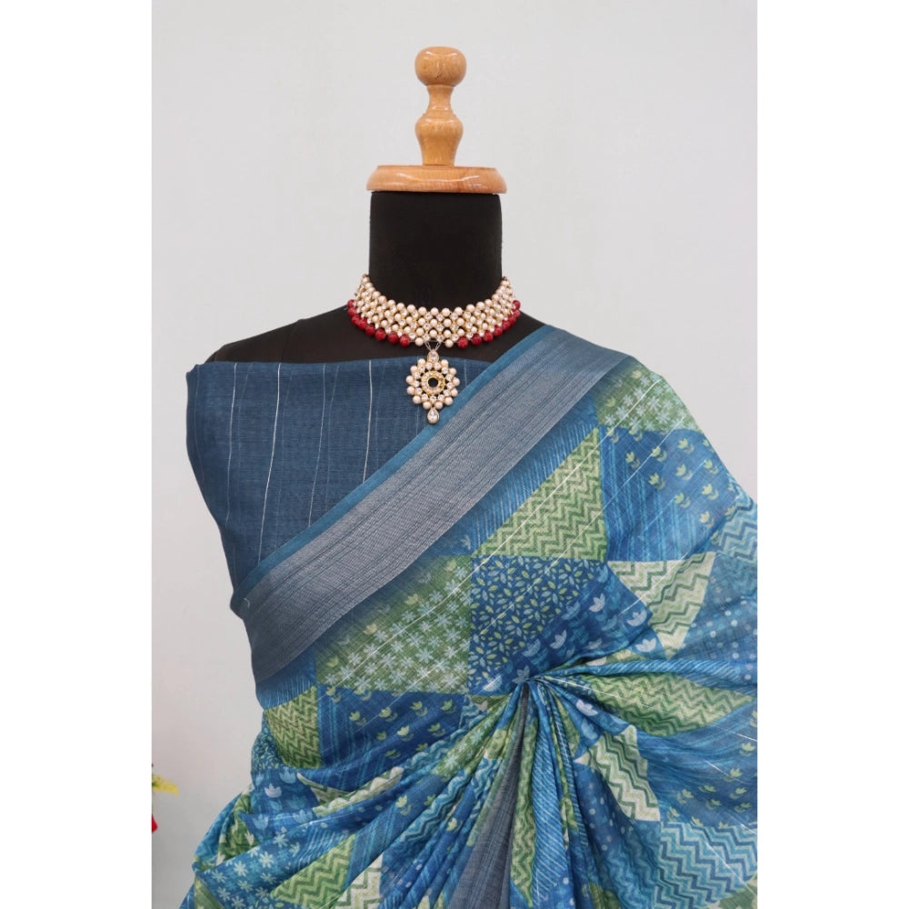 Women's Linen Digital Print Saree With Unstitched Blouse 5.5Mtr (Green)