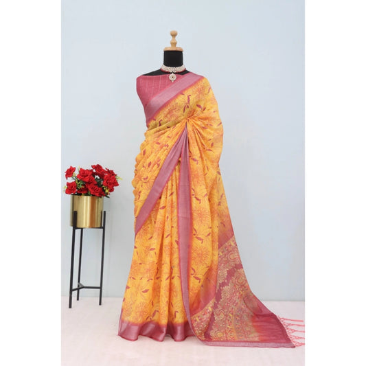 Women's Linen Digital Print Saree With Unstitched Blouse 5.5Mtr (Mustard)