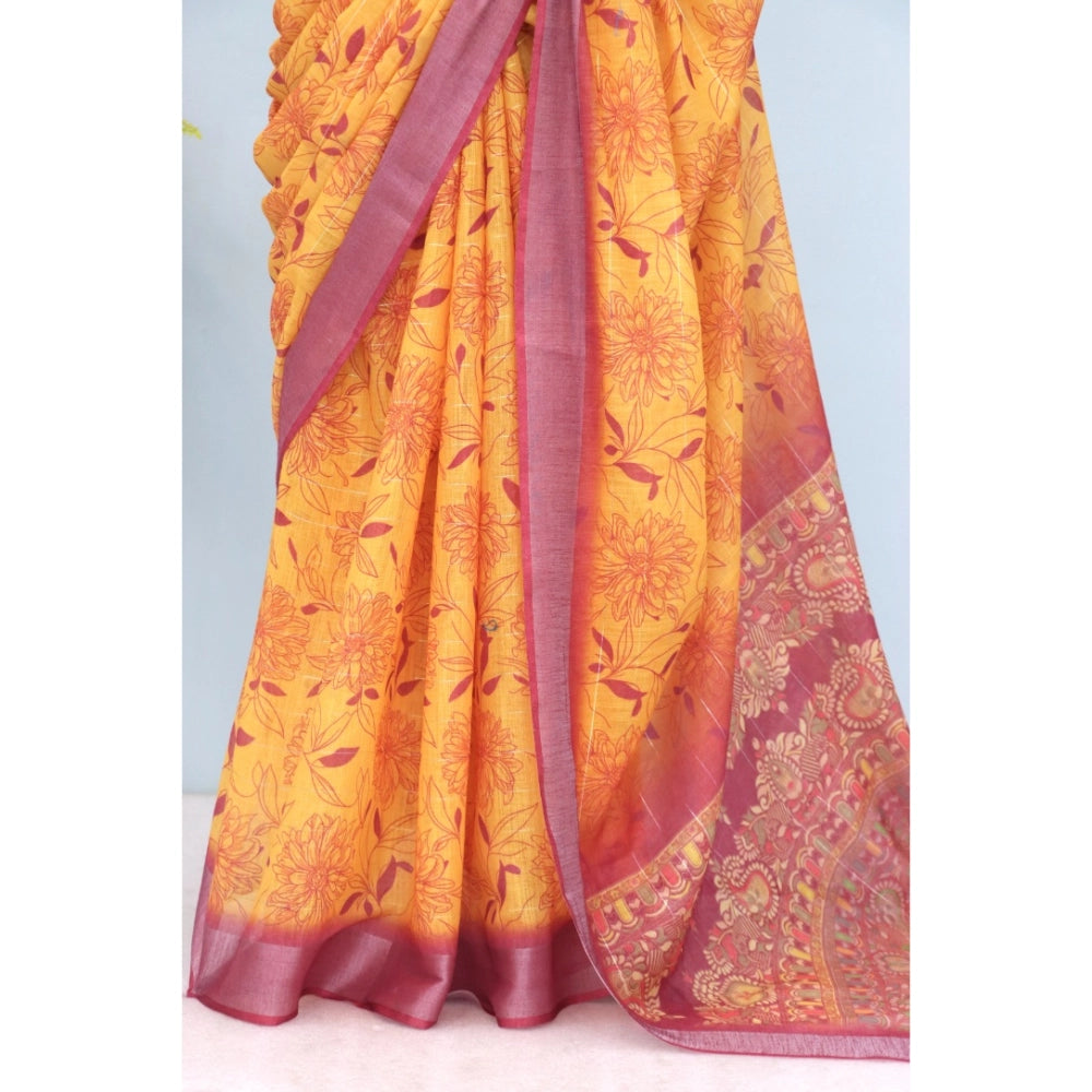 Women's Linen Digital Print Saree With Unstitched Blouse 5.5Mtr (Mustard)