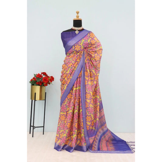 Women's Linen Digital Print Saree With Unstitched Blouse 5.5Mtr (Multicolor)
