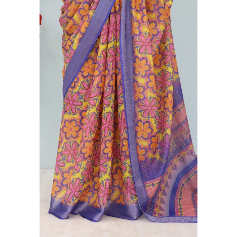 Women's Linen Digital Print Saree With Unstitched Blouse 5.5Mtr (Multicolor)