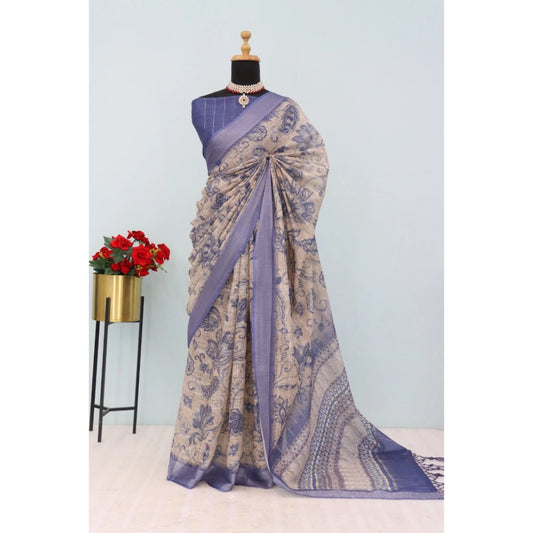 Women's Linen Digital Print Saree With Unstitched Blouse 5.5Mtr (Blue)