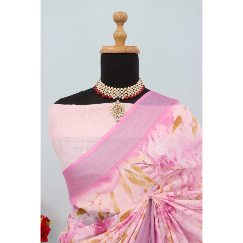Women's Linen Digital Print Saree With Unstitched Blouse 5.5Mtr (Pink)