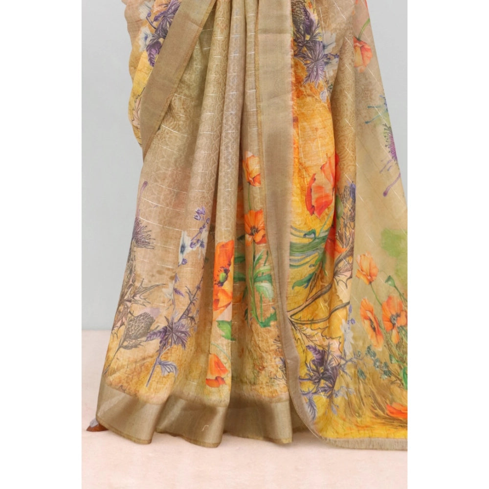 Women's Linen Digital Print Saree With Unstitched Blouse 5.5Mtr (Multicolor)