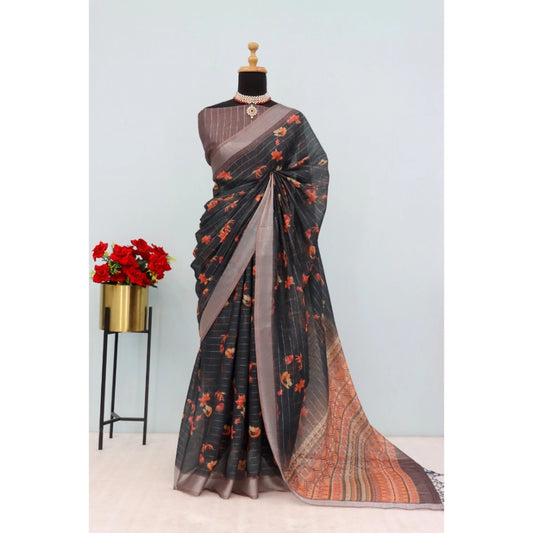 Women's Linen Digital Print Saree With Unstitched Blouse 5.5Mtr (Black)