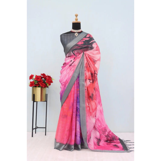 Women's Linen Digital Print Saree With Unstitched Blouse 5.5Mtr (Pink)