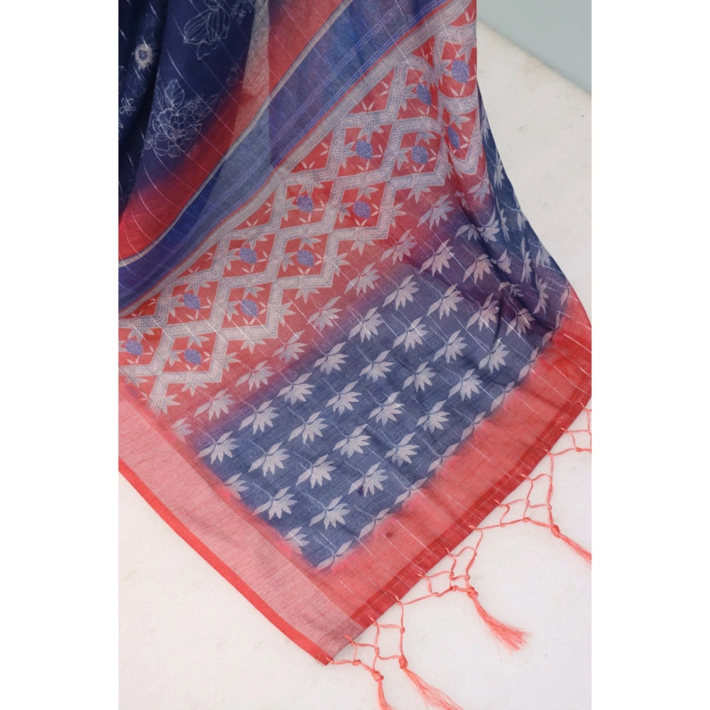 Women's Linen Digital Print Saree With Unstitched Blouse 5.5Mtr (Blue)