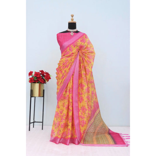 Women's Linen Digital Print Saree With Unstitched Blouse 5.5Mtr (Yellow)