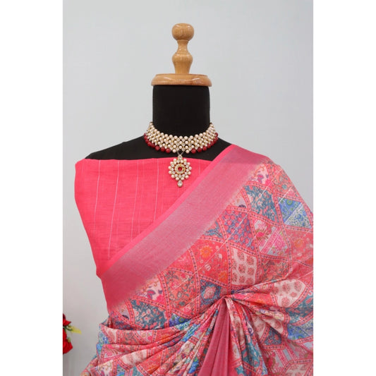 Women's Linen Digital Print Saree With Unstitched Blouse 5.5Mtr (Pink)