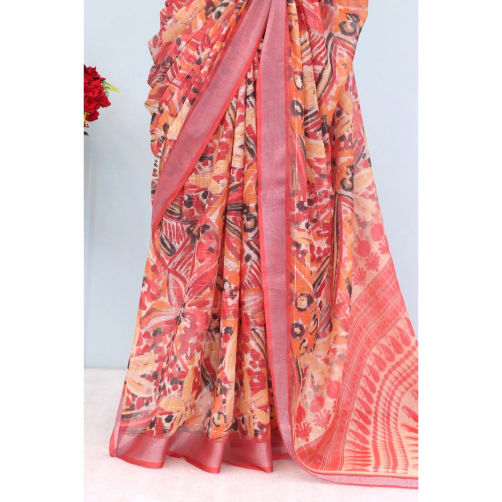 Women's Linen Digital Print Saree With Unstitched Blouse 5.5Mtr (Pink)