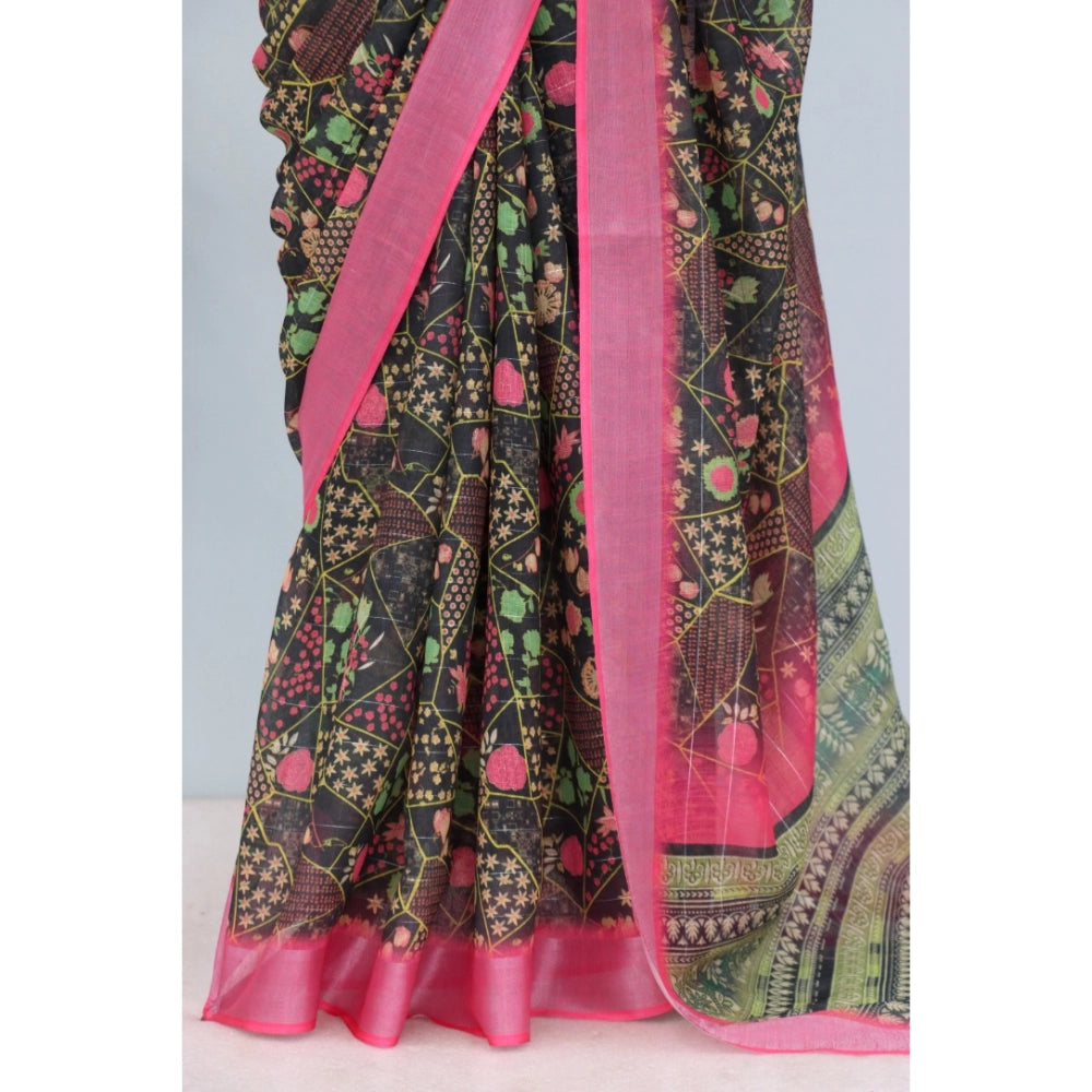 Women's Linen Digital Print Saree With Unstitched Blouse 5.5Mtr (Multicolor)