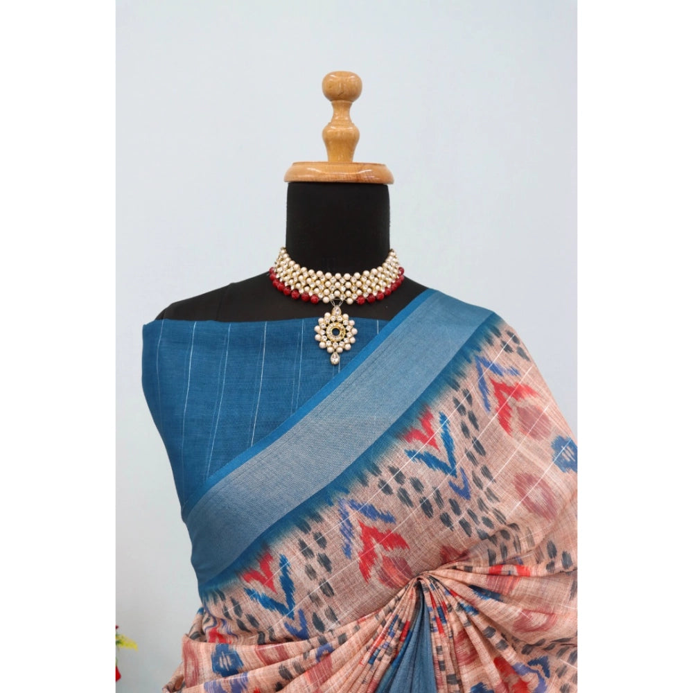 Women's Linen Digital Print Saree With Unstitched Blouse 5.5Mtr (Multicolor)