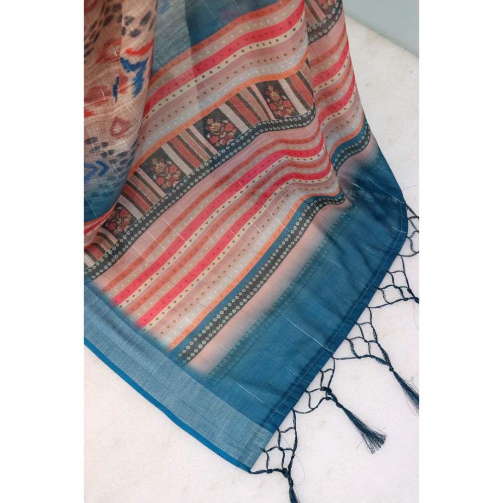 Women's Linen Digital Print Saree With Unstitched Blouse 5.5Mtr (Multicolor)