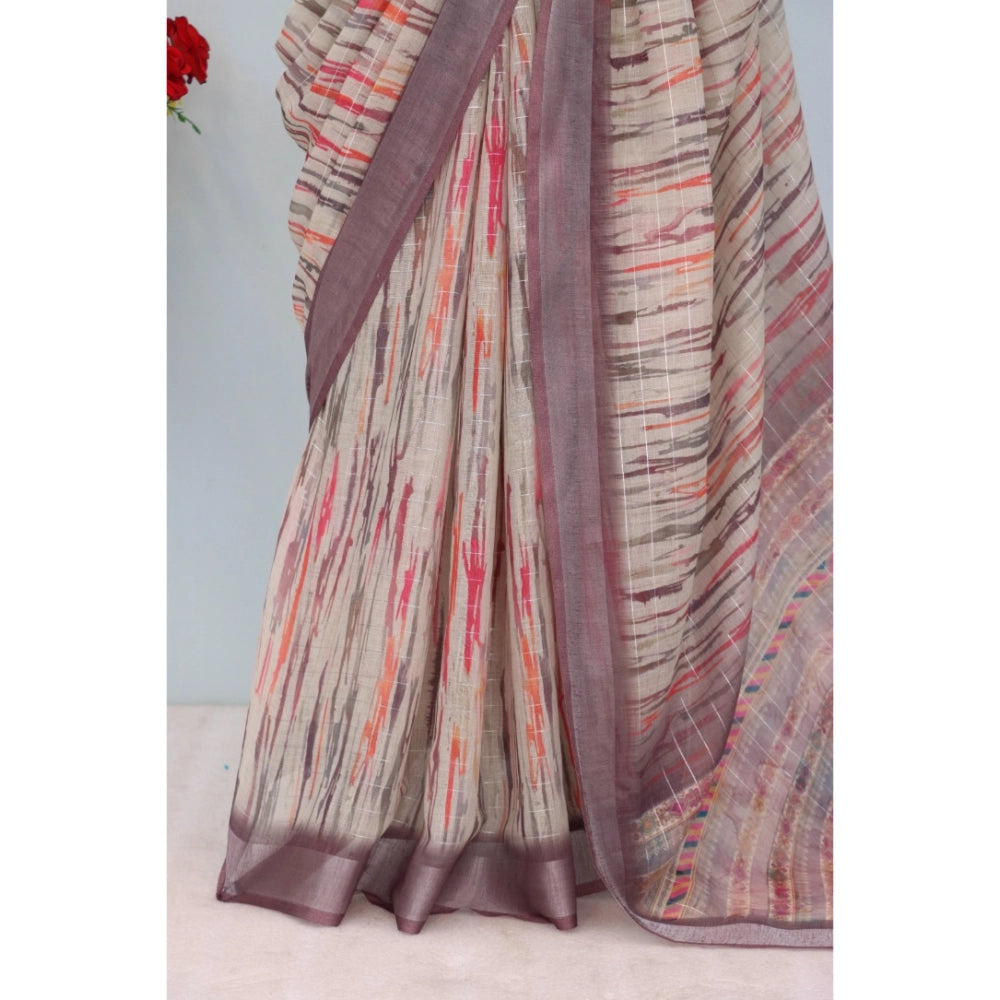 Women's Linen Digital Print Saree With Unstitched Blouse 5.5Mtr (Grey)