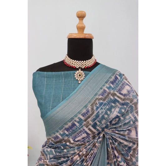 Women's Linen Digital Print Saree With Unstitched Blouse 5.5Mtr (Green)