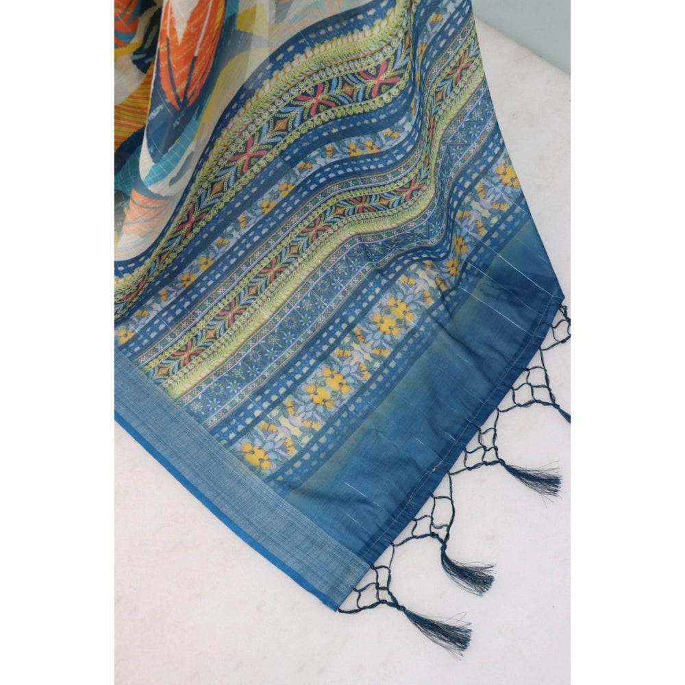 Women's Linen Digital Print Saree With Unstitched Blouse 5.5Mtr (Multicolor)