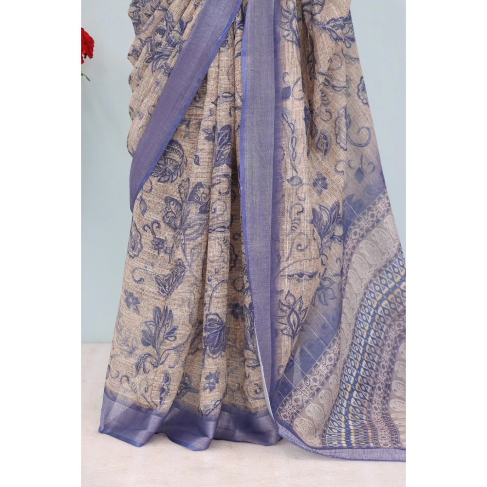 Women's Linen Digital Print Saree With Unstitched Blouse 5.5Mtr (Blue)