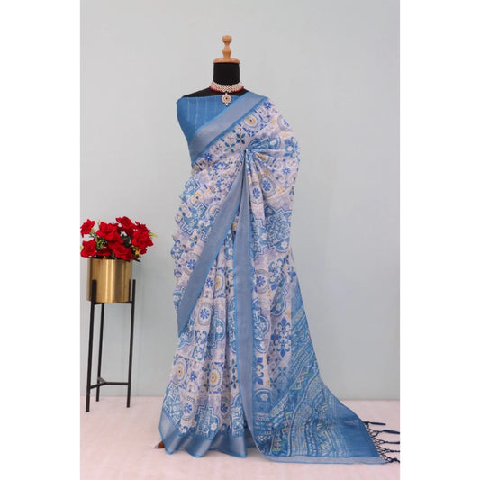 Women's Linen Digital Print Saree With Unstitched Blouse 5.5Mtr (Blue)