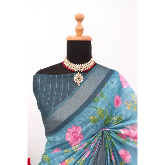 Women's Linen Digital Print Saree With Unstitched Blouse 5.5Mtr (Green)