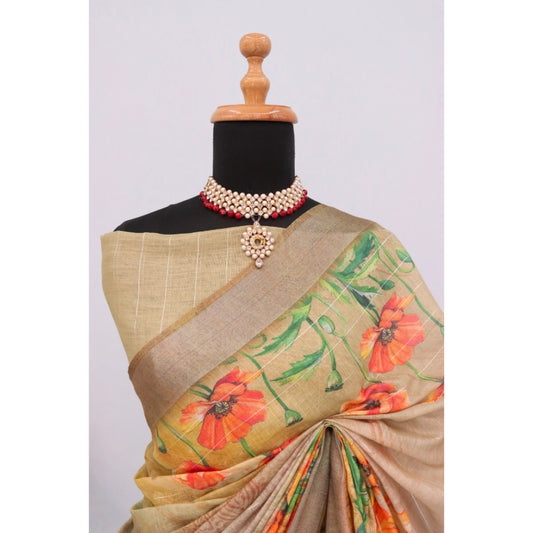 Women's Linen Digital Print Saree With Unstitched Blouse 5.5Mtr (Multicolor)