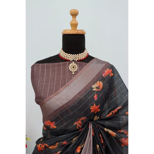 Women's Linen Digital Print Saree With Unstitched Blouse 5.5Mtr (Black)