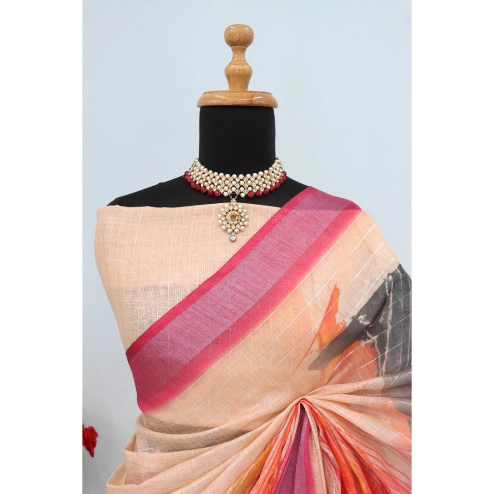 Women's Linen Digital Print Saree With Unstitched Blouse 5.5Mtr (Multicolor)