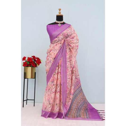 Women's Linen Digital Print Saree With Unstitched Blouse 5.5Mtr (Purple)