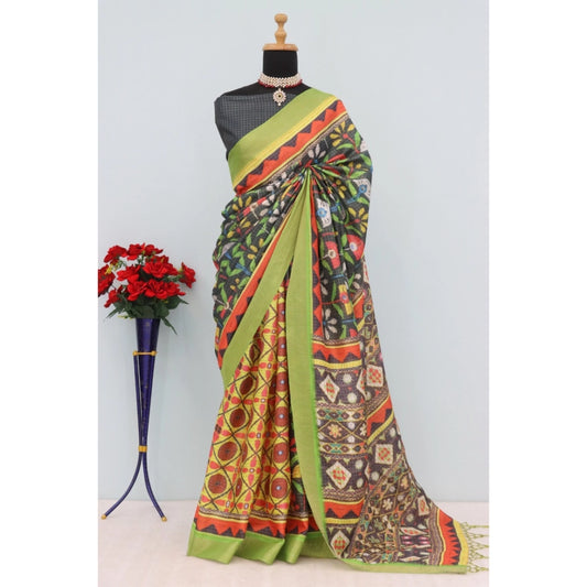 Women's Mysore Silk  Digital Print Saree With Unstitched Blouse 5.5Mtr (Green)