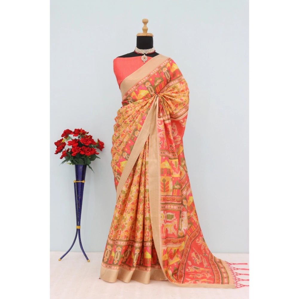 Women's Mysore Silk  Digital Print Saree With Unstitched Blouse 5.5Mtr (Orange)