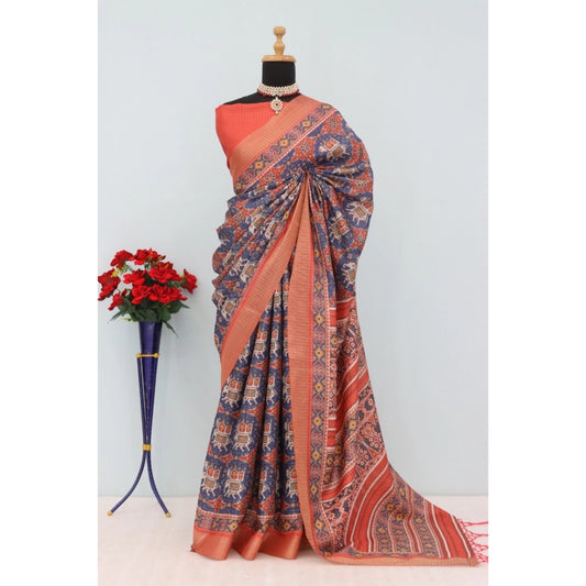 Women's Mysore Silk  Digital Print Saree With Unstitched Blouse 5.5Mtr (Blue)