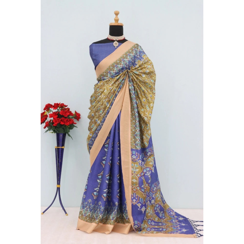 Women's Mysore Silk  Digital Print Saree With Unstitched Blouse 5.5Mtr (Blue)