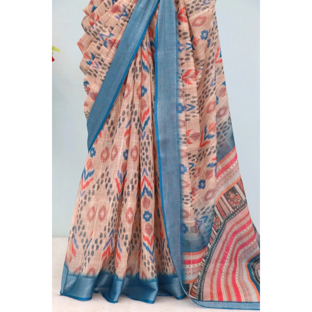 Women's Linen Digital Print Saree With Unstitched Blouse 5.5Mtr (Multicolor)