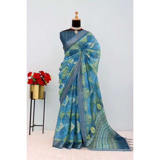 Women's Linen Digital Print Saree With Unstitched Blouse 5.5Mtr (Green)