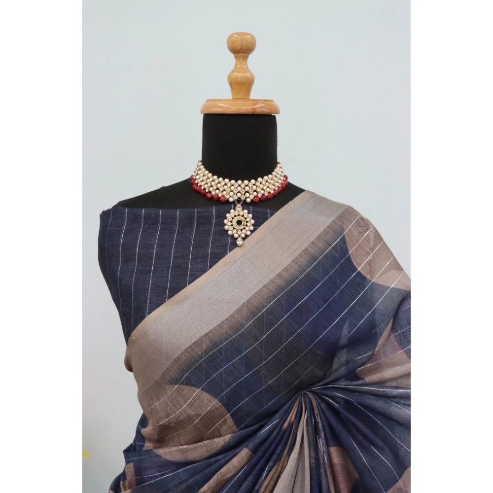Women's Linen Digital Print Saree With Unstitched Blouse 5.5Mtr (Blue)