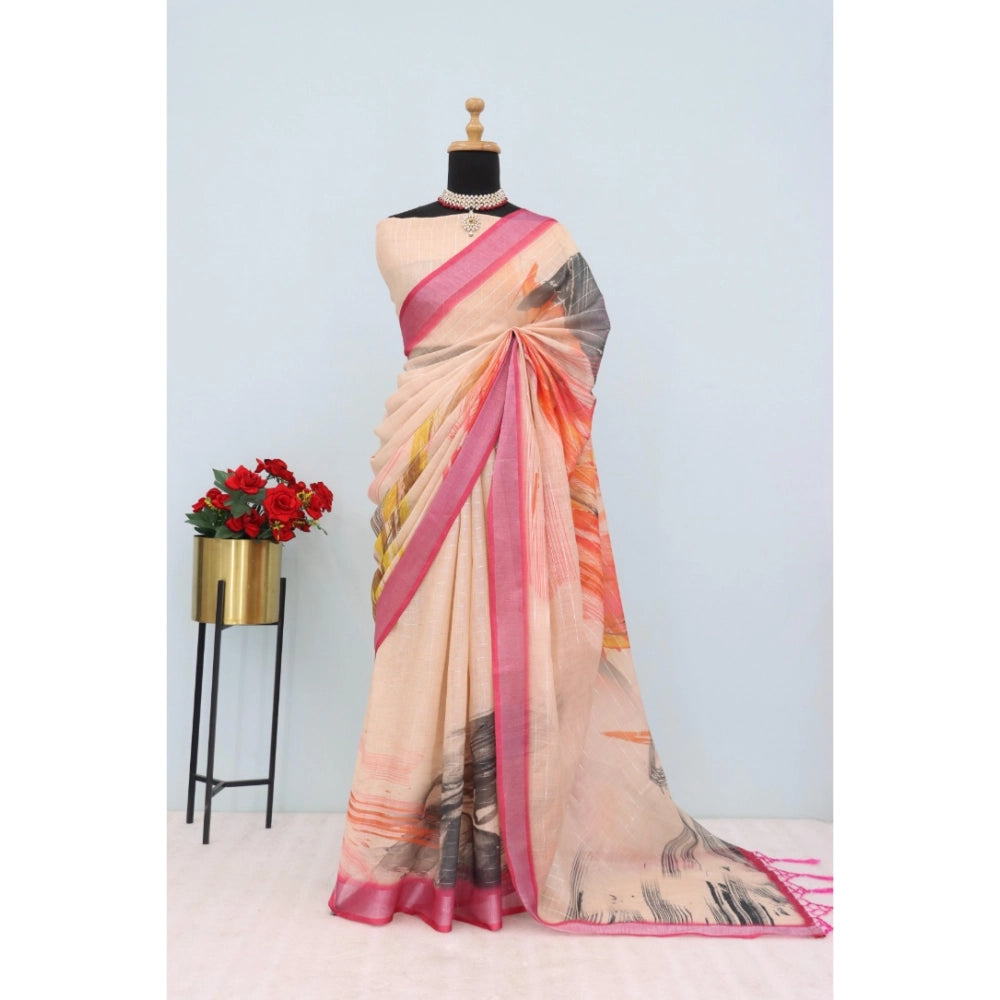 Women's Linen Digital Print Saree With Unstitched Blouse 5.5Mtr (Multicolor)