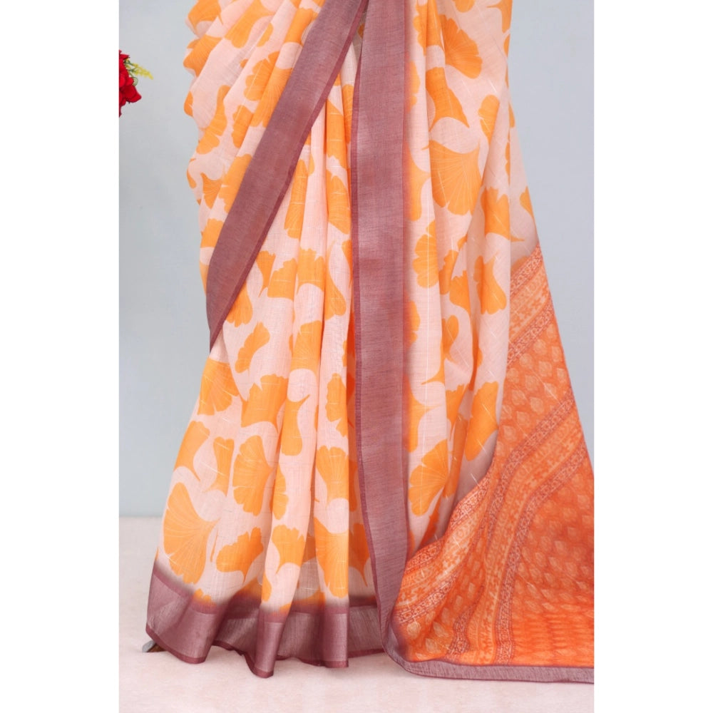 Women's Linen Digital Print Saree With Unstitched Blouse 5.5Mtr (Orange)