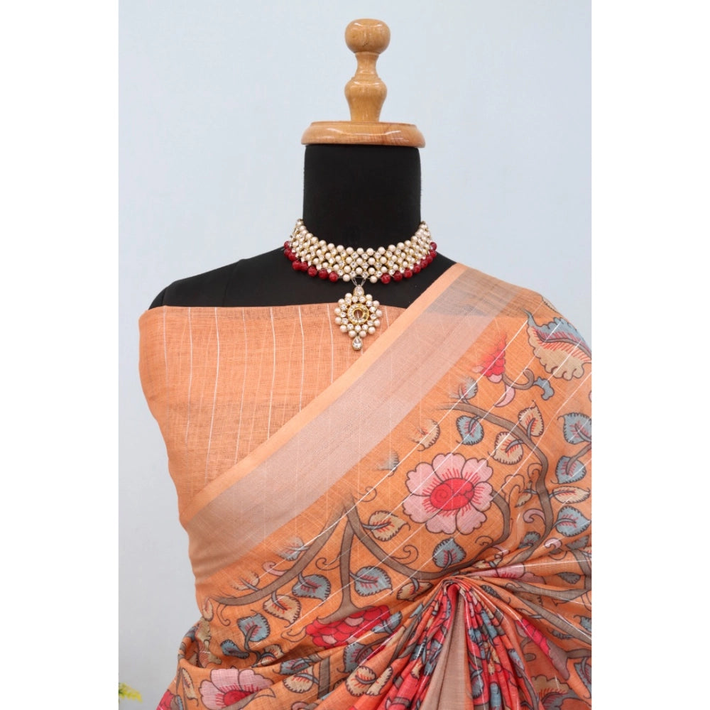 Women's Linen Digital Print Saree With Unstitched Blouse 5.5Mtr (Orange)