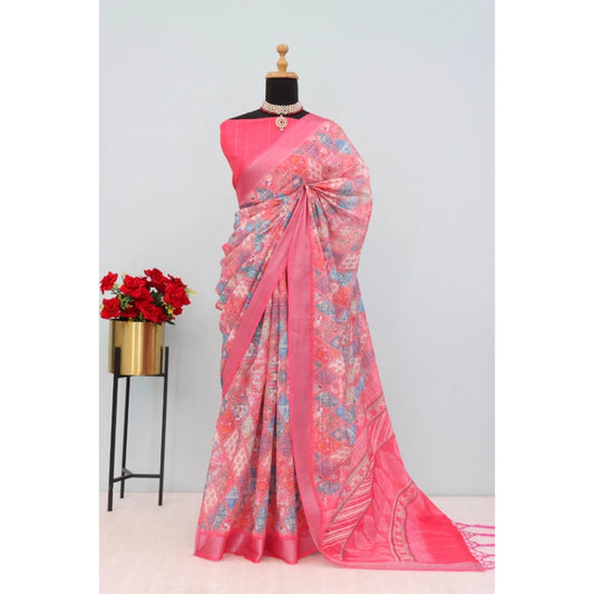 Women's Linen Digital Print Saree With Unstitched Blouse 5.5Mtr (Pink)