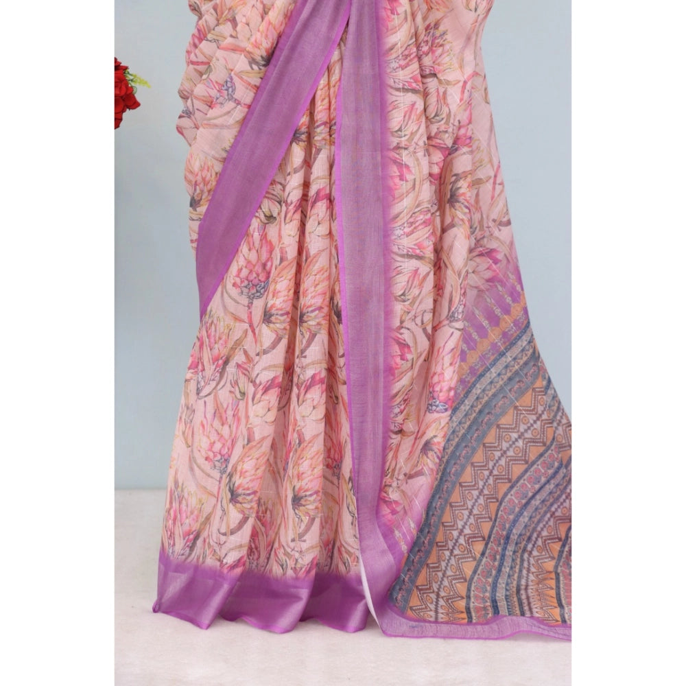 Women's Linen Digital Print Saree With Unstitched Blouse 5.5Mtr (Purple)