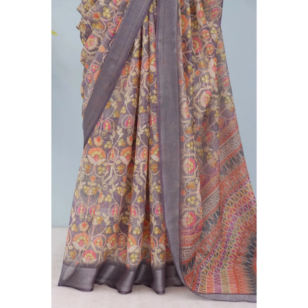 Women's Linen Digital Print Saree With Unstitched Blouse 5.5Mtr (Grey)