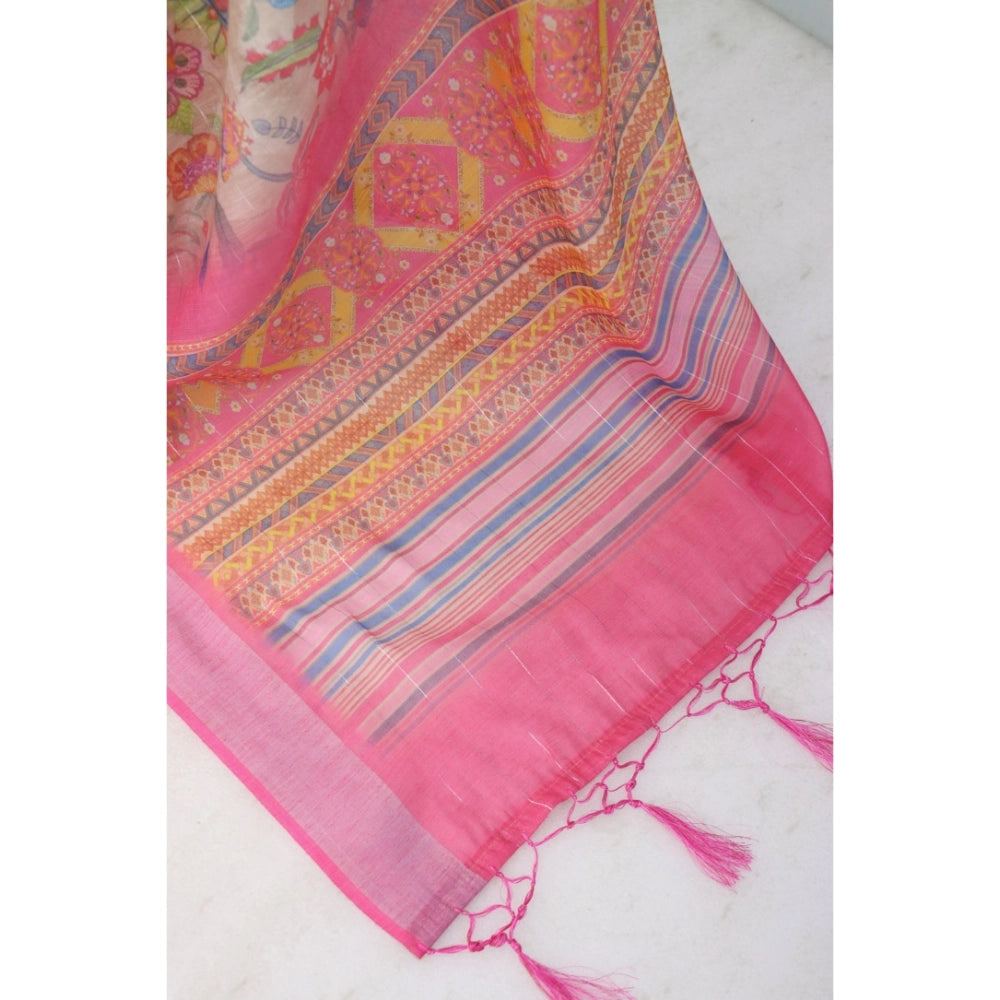 Women's Linen Digital Print Saree With Unstitched Blouse 5.5Mtr (Pink)