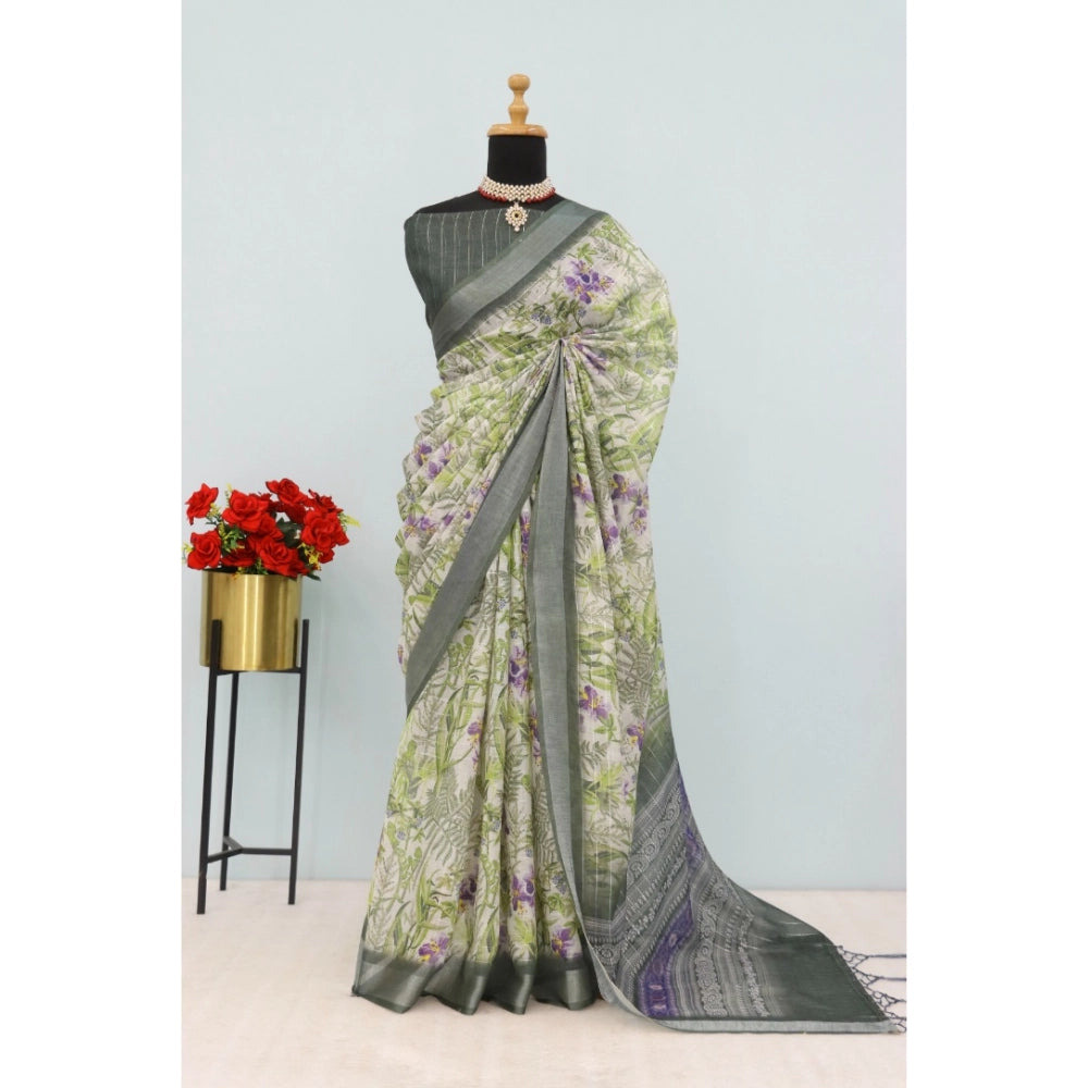 Women's Linen Digital Print Saree With Unstitched Blouse 5.5Mtr (Green)