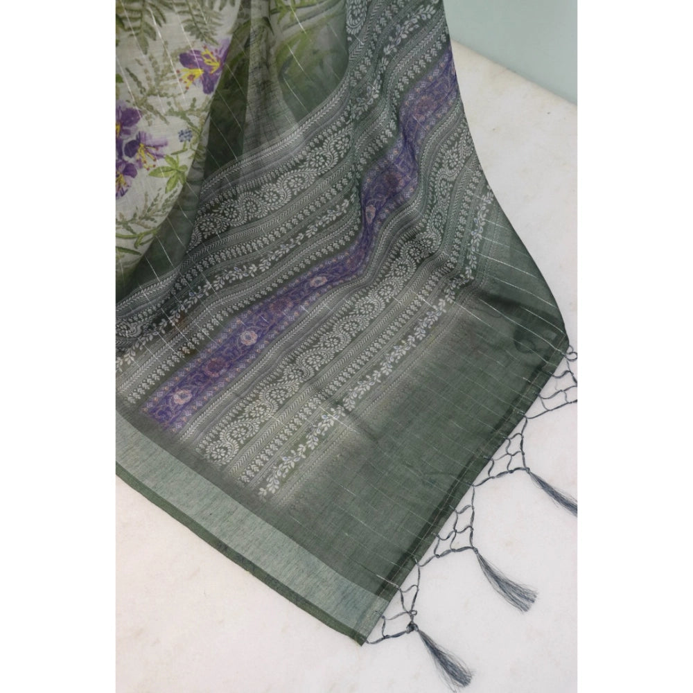 Women's Linen Digital Print Saree With Unstitched Blouse 5.5Mtr (Green)
