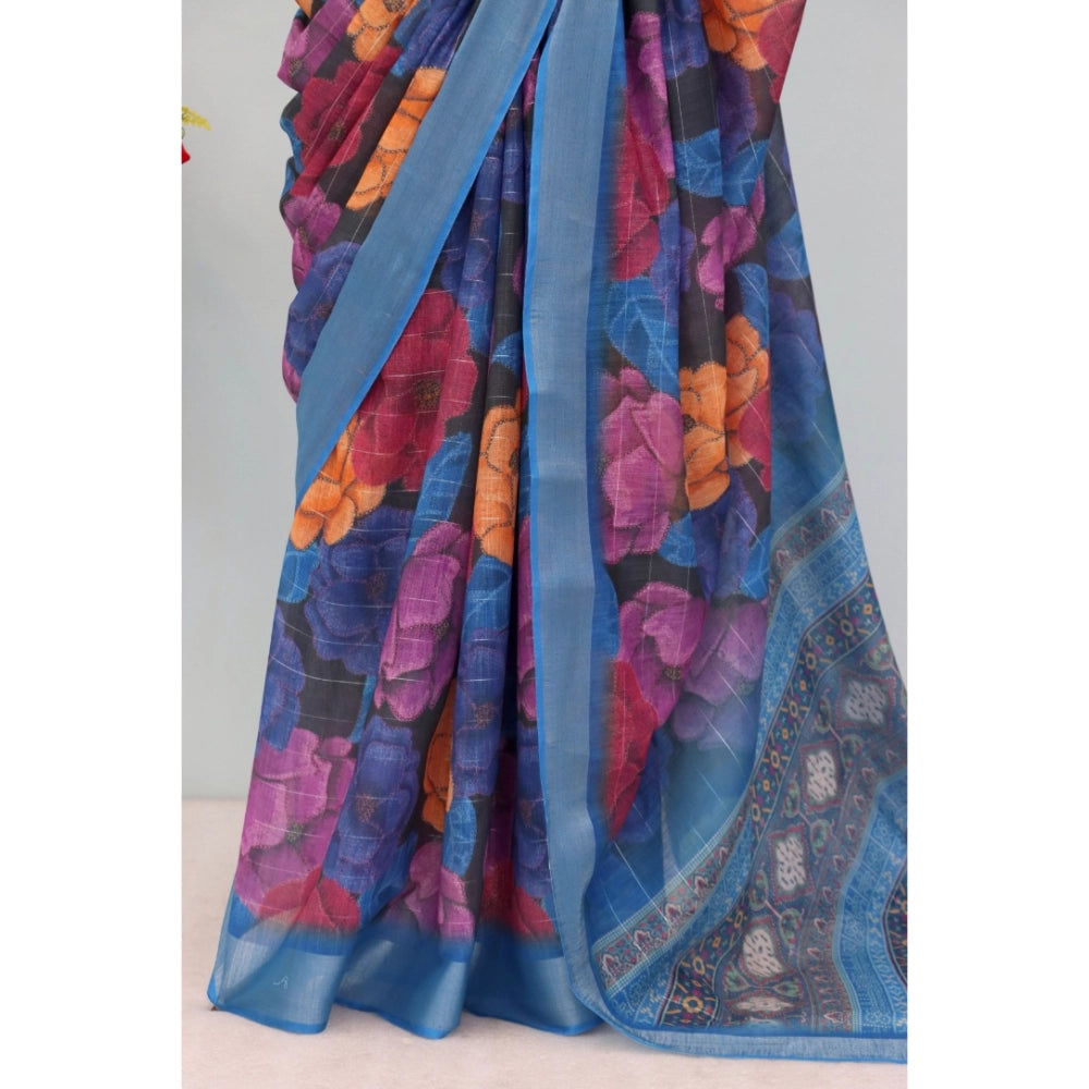 Women's Linen Digital Print Saree With Unstitched Blouse 5.5Mtr (Blue)