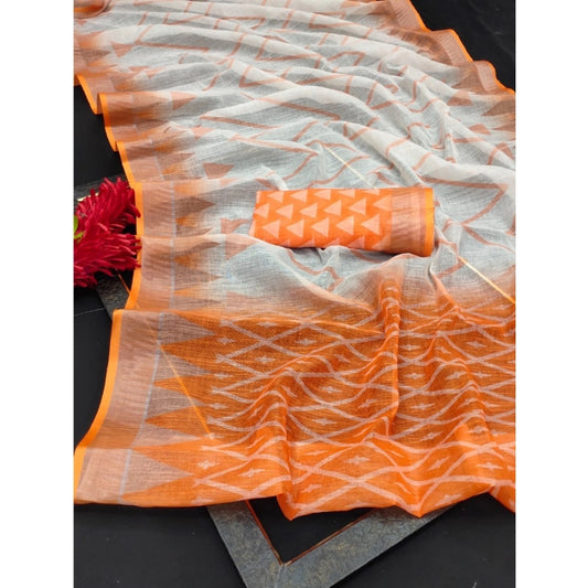 Women's Cotton Linen Woven Design Saree With Unstitched Blouse 5.5Mtr (Orange)