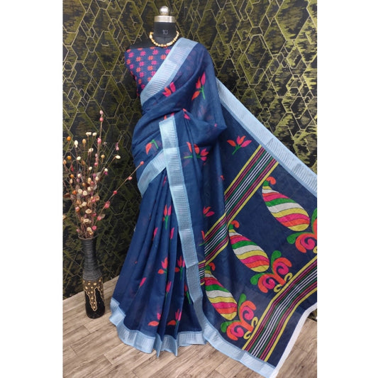 Women's Cotton Linen Digital Print Saree With Unstitched Blouse 5.5Mtr (Blue)