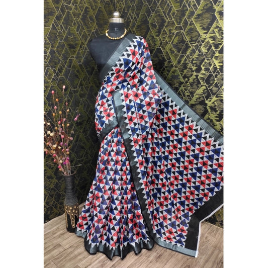 Women's Cotton Linen Printed Saree With Unstitched Blouse 5.5Mtr (Black)