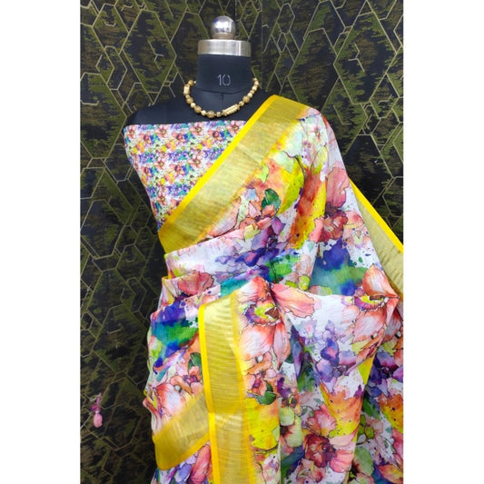 Women's Cotton Linen Printed Saree With Unstitched Blouse 5.5Mtr (Yellow)