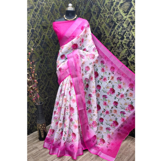 Women's Cotton Linen Woven Design Saree With Unstitched Blouse 5.5Mtr (Pink)
